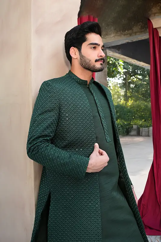 Green Sherwani Gown with Kurta Pajama