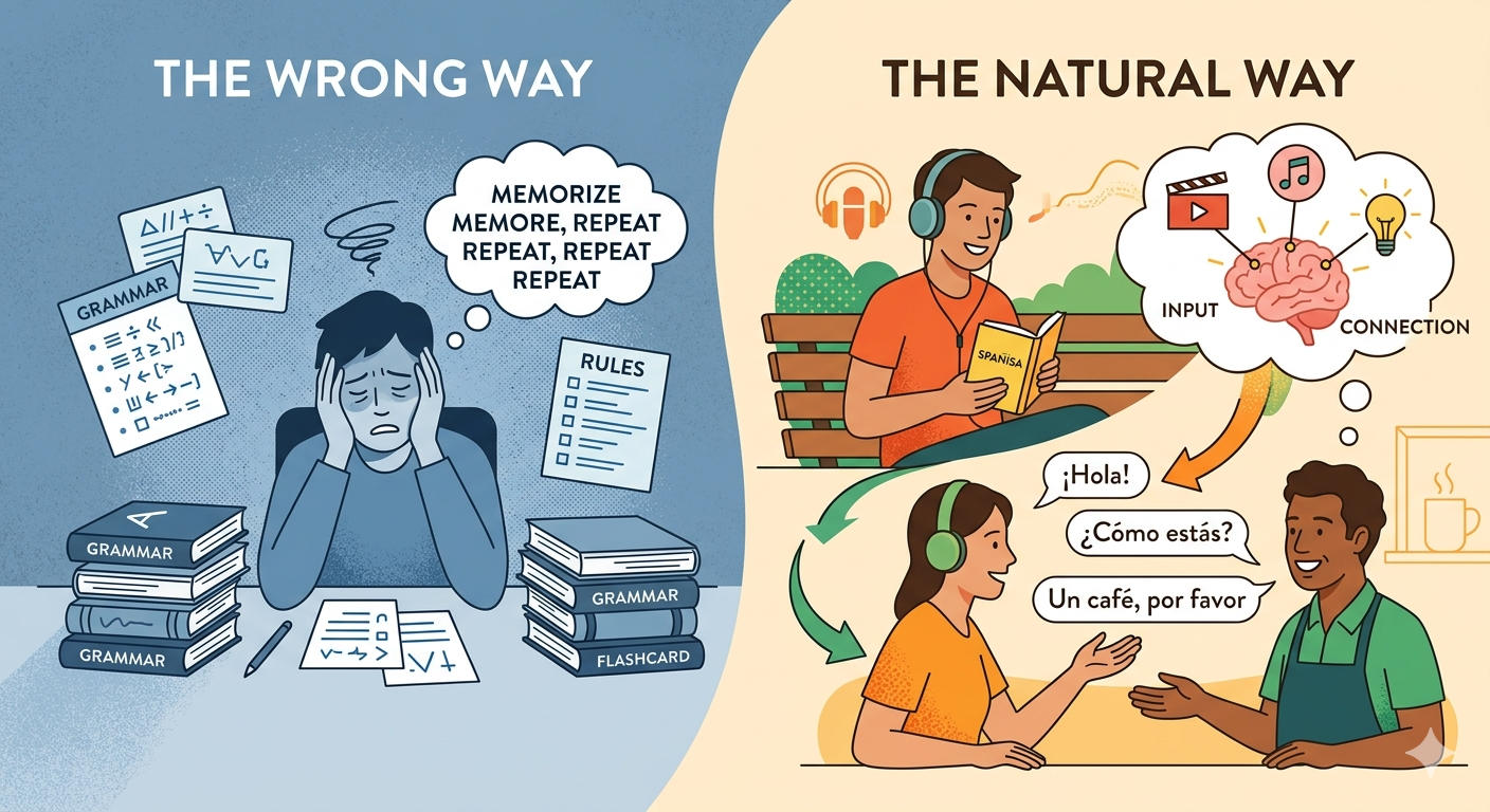 A split-screen illustration contrasting a stressed student overwhelmed by grammar books with a happy learner acquiring a language naturally through media and real-life conversation.